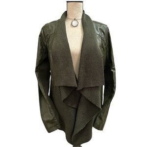 ELAN Olive Faux Leather & Ribbed Knit Waterfall Moto Jacket | Size Medium